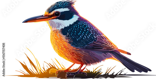 Collared Kingfisher perched on grass at sunset