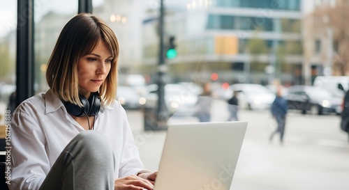Wallpaper Mural Woman using laptop in cafe, with headphones around her neck, city street visible through window. Torontodigital.ca