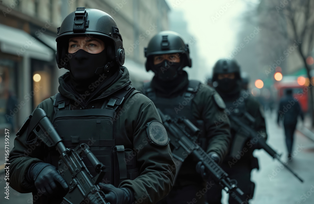 SWAT team armed with guns, wearing masks, moving down street. Men in tactical gear, helmets, uniforms on high-risk operation. Special forces, police, military, security agents during conflict in SWAT team armed with guns, wearing masks, moving down street. Men in tactical gear, helmets, uniforms on high-risk operation. Special forces, police, military, security agents during conflict in