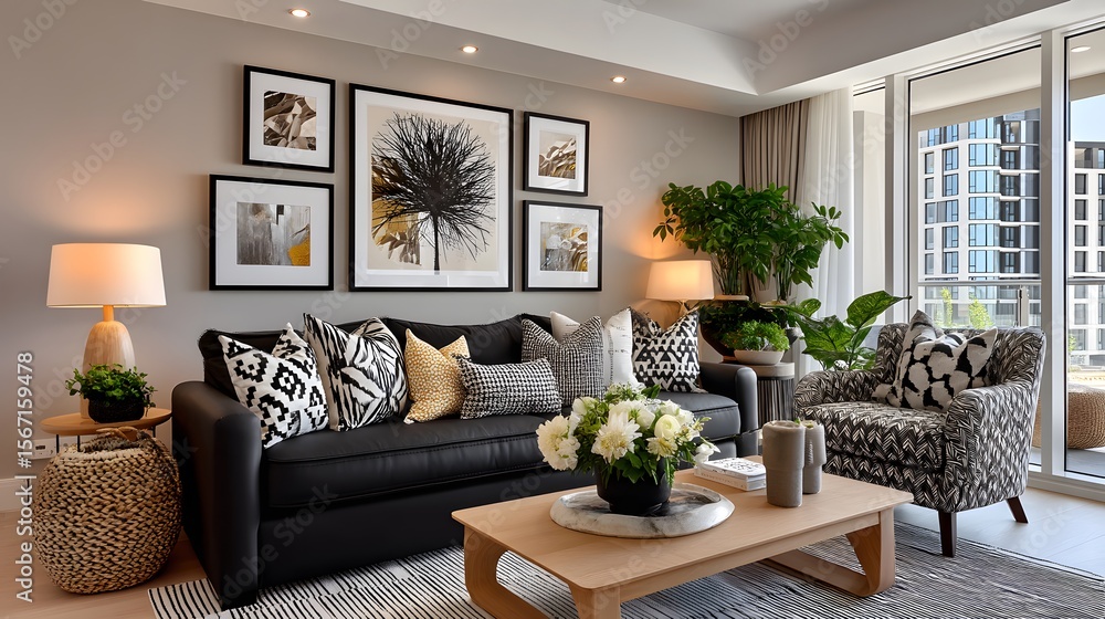 Fototapeta premium Stylish sofa and patterned cushions combination high resolution photo