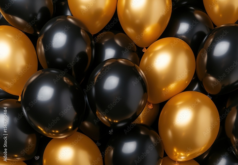 Gold and black balloons background for a celebration party. Copy space for text. Event banner Gold and black balloons background for a celebration party. Copy space for text. Event banner