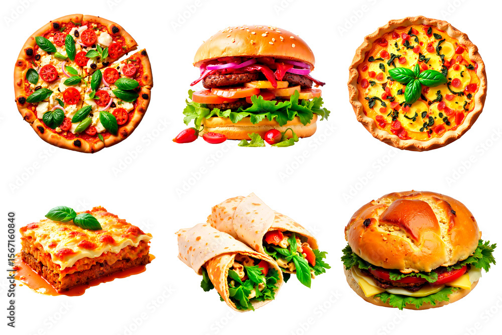 Assorted vegan dishes including pizza, burger, and lasagna for World Vegan Day Assorted vegan dishes including pizza, burger, and lasagna for World Vegan Day