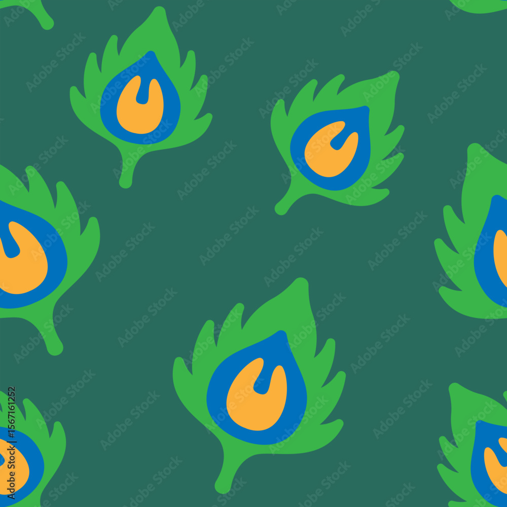 Fototapeta premium Elegant peacock feather seamless pattern in green, blue, and gold, perfect for textile design, surface patterns, or eye-catching backgrounds.