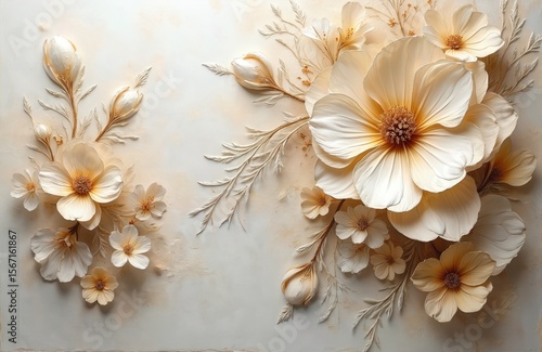 Realistic flowers arrangement background in soft neutral colors. Delicate white petals, textured details. Artistic floral design, decor, wedding, greeting cards, invitations. Summer spring seasons,