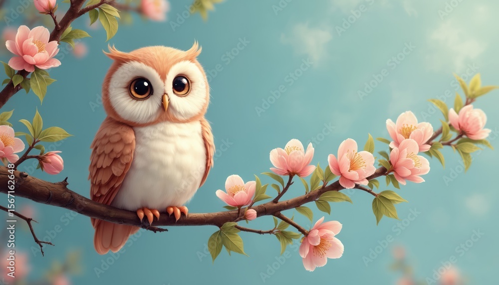 Fototapeta premium Cute owl sits branch with spring blossom flowers against blue sky. Sweet bird in nature scene. Valentine day decor, love, romance, peaceful scene. Beautiful illustration of adorable owl.
