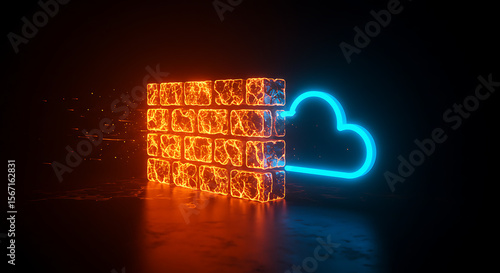 Cloud Protection: A visual representation of a firewall protecting a cloud, with neon lights glowing against a dark backdrop, symbolizing the secure architecture and the defense