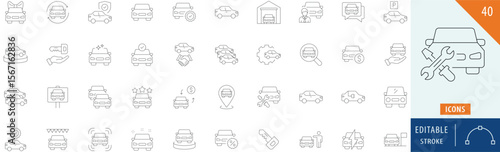 Automobile icon collection set. Editable stroke.