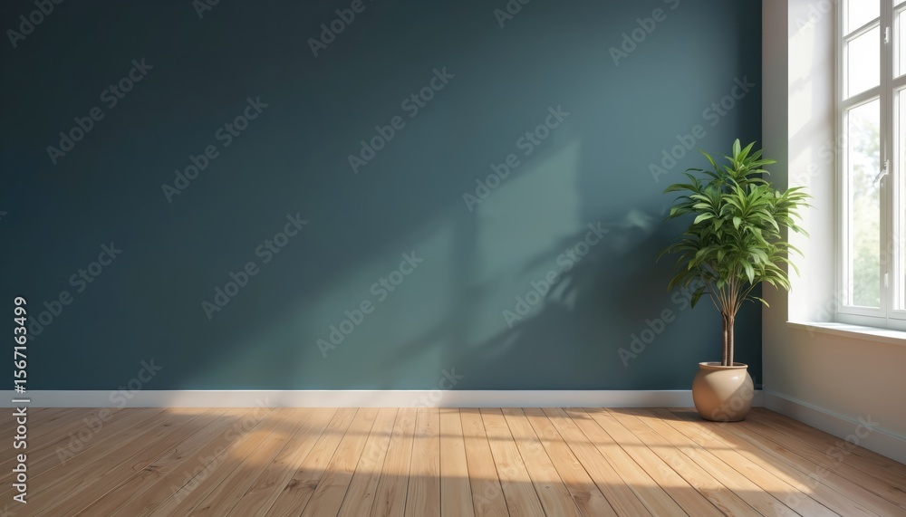 Modern empty living room with wooden floor and large green plant. Sunlight shadow on wall with window. Minimalist interior design, eco-friendly home decor, loft apartment. Modern empty living room with wooden floor and large green plant. Sunlight shadow on wall with window. Minimalist interior design, eco-friendly home decor, loft apartment.