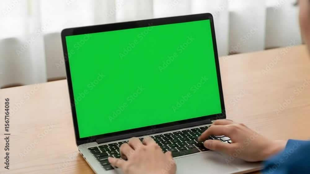 Anonymous user interacts with a portable computer, its vivid green screen ready for digital content. Anonymous user interacts with a portable computer, its vivid green screen ready for digital content.