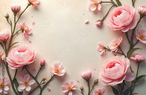 Vintage floral texture art background. Blooming pink flowers. Romantic design, soft color palette. Blossoming petals, buds, branches, leaves, gentle watercolor painting. Ideal for invites, posters.