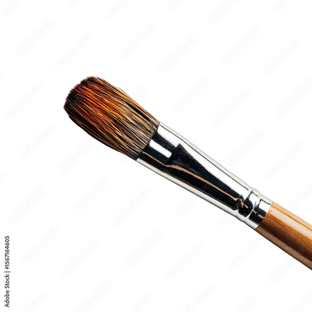 Close-up of a paintbrush, angled. Brown bristles, metal ferrule, wooden handle Close-up of a paintbrush, angled. Brown bristles, metal ferrule, wooden handle