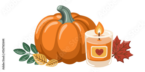 Orange pumpkin, burning cosy candle and autumn leaves. Autumn time. Fall season design. Hugge. Cartoon vector illustration 