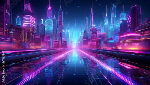 futuristic city landscape with vibrant neon lights at night the cityscape is aglow with purple and blue hues reflecting off the ground