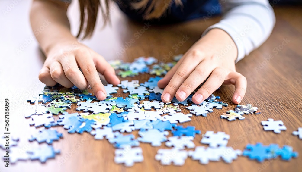 Close Up Of Childs Hands Arranging Jigsaw Puzzle Pieces On A Wooden Surface Close Up Of Childs Hands Arranging Jigsaw Puzzle Pieces On A Wooden Surface