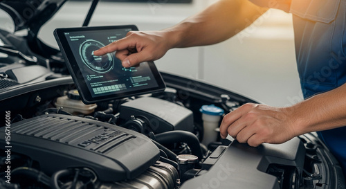 Mechanic using tablet to diagnose car engine problems during automotive maintenance and repair work