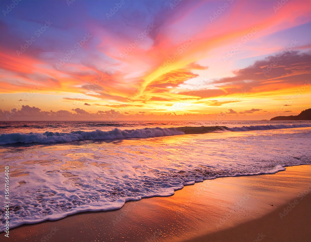 Fototapeta premium Vibrant canvas painted with strokes of sunset depicts tranquil ocean, where waves gently kiss sandy shore, creating serene atmosphere