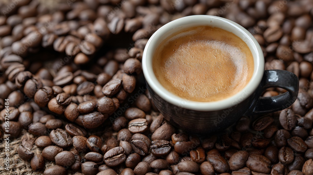 Fototapeta premium Delicious espresso coffee cup with roasted coffee beans for background and morning drink concept