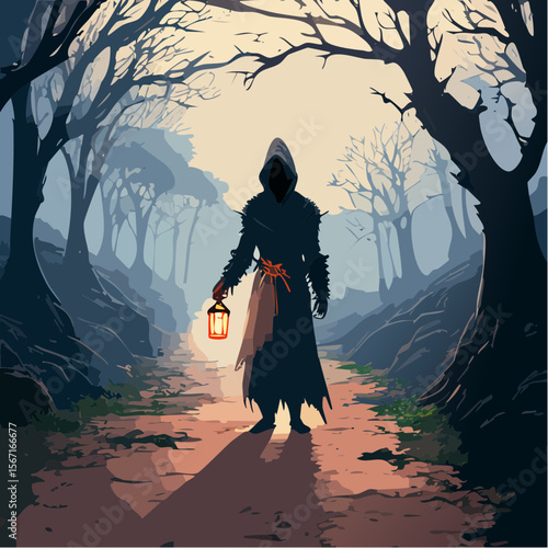 A spooky horror vector of a hooded figure holding a lantern, hidden in shadows on a misty trail through twisted hills, drawn in eerie comic style.