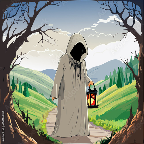 A spooky horror vector of a hooded figure holding a lantern, hidden in shadows on a misty trail through twisted hills, drawn in eerie comic style.