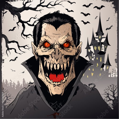 A terrifying horror vector of a grinning vampire with glowing red eyes in front of a crumbling castle, lit by lightning, in spooky comic style.