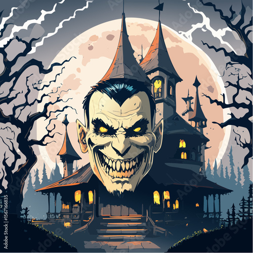 A terrifying horror vector of a grinning vampire with glowing red eyes in front of a crumbling castle, lit by lightning, in spooky comic style.