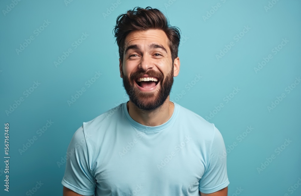 Smiling bearded man winks at camera, expresses fun. Happy guy with toothy smile, open mouth. Studio portrait isolated on blue background, shows joy, positive emotions. Smiling bearded man winks at camera, expresses fun. Happy guy with toothy smile, open mouth. Studio portrait isolated on blue background, shows joy, positive emotions.