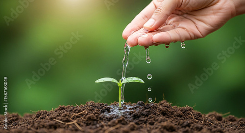Watering new plant seedling growing in soil hand nurturing plant growth and care for new life concept