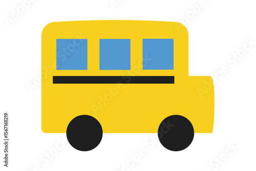 Yellow school bus icon with black wheels and blue windows on white background. Clipart image isolated on background.