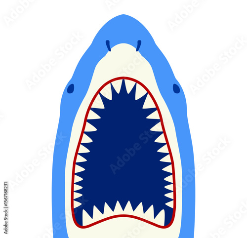 Front view of blue shark with open mouth showing sharp teeth on white background. Clipart image isolated on background.