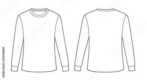 Vector technical fashion flat sketch long sleeve T-shirt, front and back mockup views on transparent background