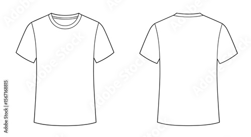 Vector technical fashion flat sketch T-shirt, front and back mockup views on transparent background