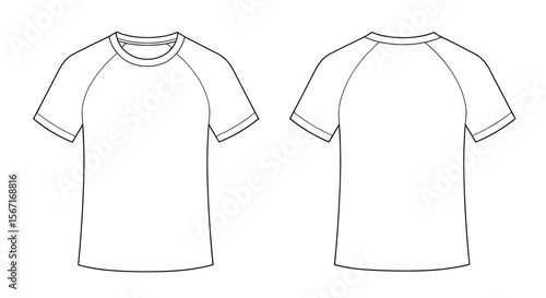 Vector technical fashion flat sketch T-shirt with raglan sleeves, front and back mockup views on transparent background