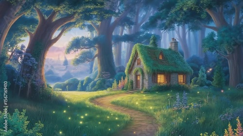 Whimsical moss-covered house nestled deep within a serene, glowing fairytale forest