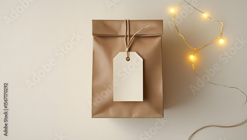 A plain brown paper gift bag with a blank cream colored tag tied with twine and illuminated by warm fairy lights