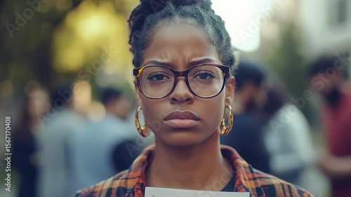 Wallpaper Mural Young woman with serious gaze outdoors in city crowd Torontodigital.ca
