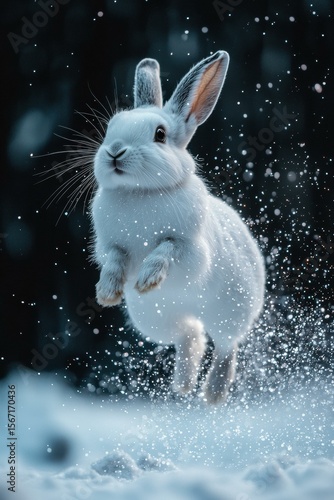 White rabbit leaping in the snow. AI.