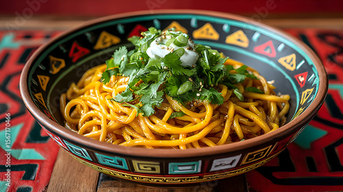 Macro shot of scallions and fresh coriander garnishing a bowl of dan dan noodles, blurred red lacquered dining table