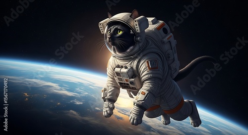 Wallpaper Mural A black cat astronaut floats in space, wearing a spacesuit, near Earth. Torontodigital.ca