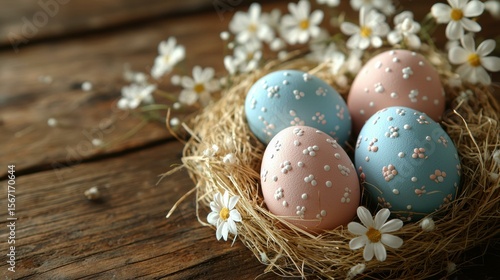 Decorated eggs in a nest. AI.
