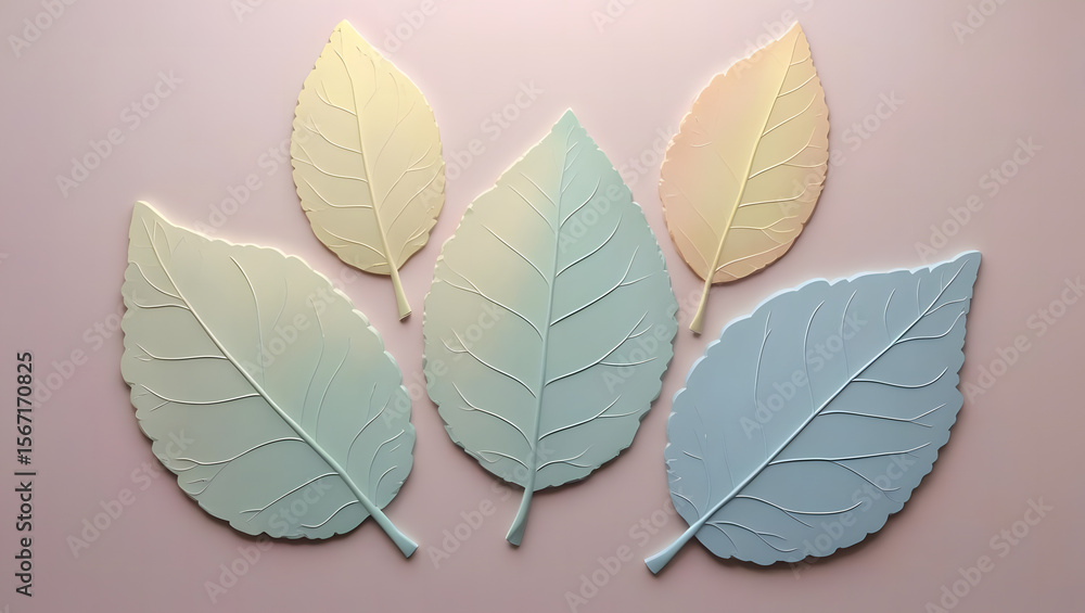 Obraz premium Five pastel colored embossed leaves arranged in a fan shape on a soft pink background