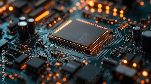 Close-up of a circuit board with a central processor chip highlighted by warm orange lights