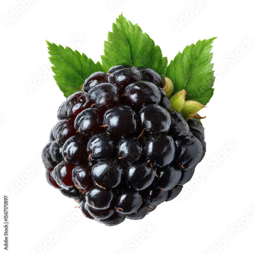 A single ripe blackberry with two green leaves. The berry is dark purple, and the leaves are bright green.
