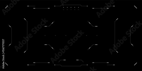 HUD overlay with cyberpunk UI for drone or sci fi interface. Futuristic glitchy tech dashboard. Target reticle digital distortion, FPV cockpit layout and binary code elements.