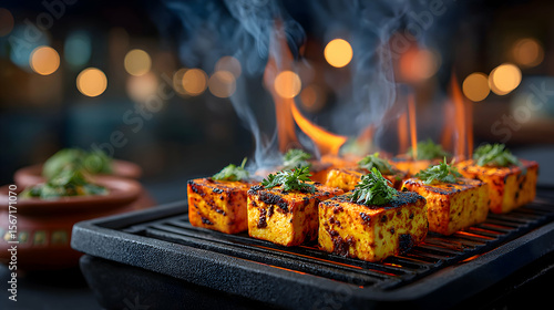 Macro shot of paneer tikka pieces sizzling on a grill with spices glistening, blurred smoky tandoor background