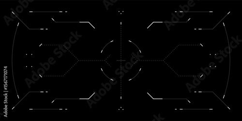 Minimalist tech HUD overlay with clean cyberpunk UI. Cockpit layout glitch effects, reticle dashboard data and digital interface. Futuristic vector design for games or cyberspace themes.