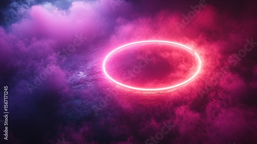 Neon pink and purple oval ring in smoky environment
