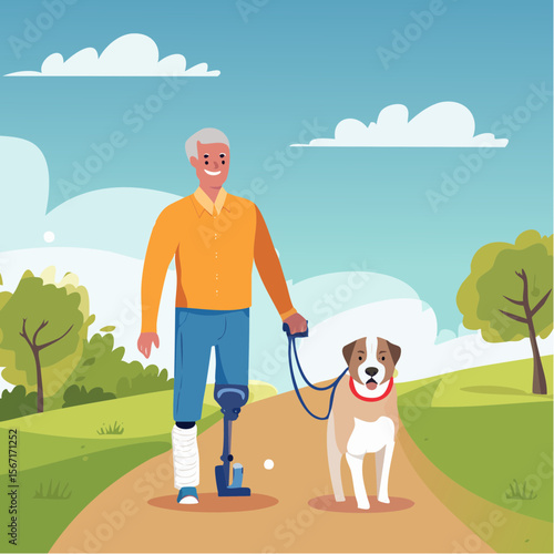 Vector of a middle-aged man with a prosthetic leg walking a dog in a park trail, shown in a relaxed and empowering everyday scene.