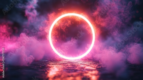 Neon circle in a smoky, vibrant, dark environment
