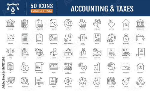 Accounting and Taxes Line Icon Set. Includes
financial statements, accountant, financial audit,
invoice, tax return, income, and more. Vector
Illustration with Editable Strokes