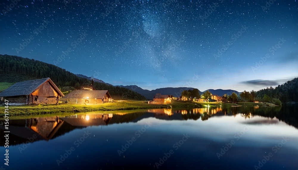 Fototapeta premium night sky over a village by the lake